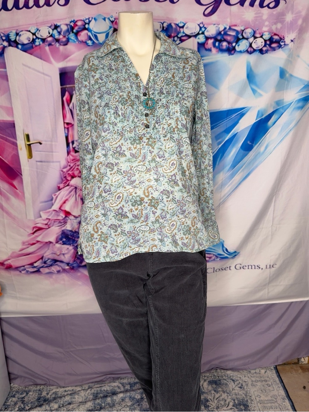 Eddie Bauer Light Blue Paisley Henley Blouse